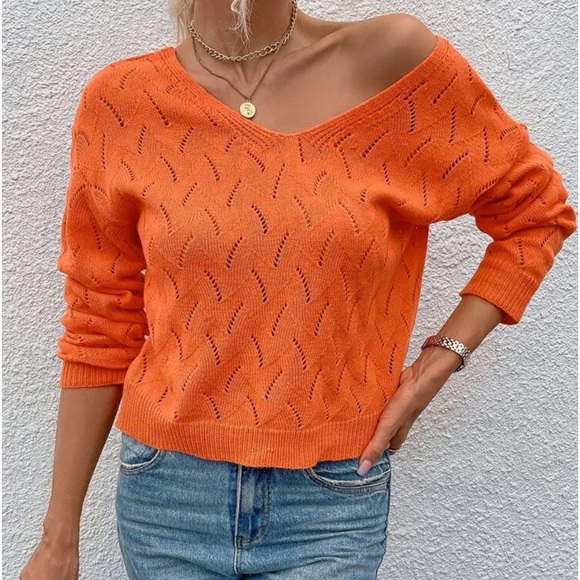 New orange v neck knit long sleeve sweater - Picture 3 of 6